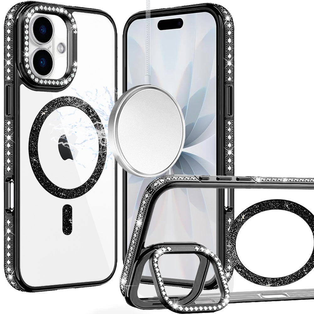 Phone Case for Apple iPhone 17 Luxury Diamond Bling Edged Magnetic Glitter Shockproof Hybrid with Camera Kickstand Durable Grip Cover