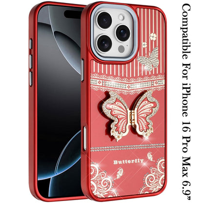For iPhone 16 Pro Max (6.9") Glitter 3D Butterfly Design Bling Metallic Edge Hybrid Stand Drop Protection TPU Shockproof Protector