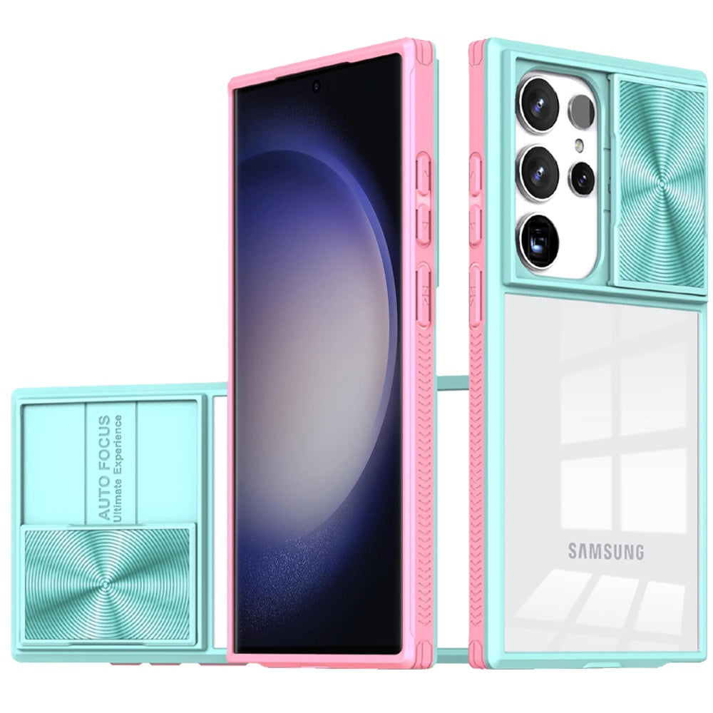 For Samsung Galaxy S24 Ultra Hybrid Cases with Sliding Camera Cover Transparent Shockproof Bumper TPU Protective Case Cover Pink/Blue