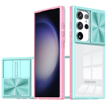 For Samsung Galaxy S24 Ultra Hybrid Cases with Sliding Camera Cover Transparent Shockproof Bumper TPU Protective Case Cover Pink/Blue