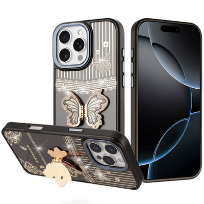 For iPhone 16 Pro Max (6.9") Glitter 3D Butterfly Design Bling Metallic Edge Hybrid Stand Drop Protection TPU Shockproof Protector