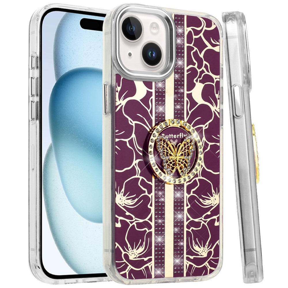 Phone Case for Apple iPhone 15 Floral Butterfly Ring Stand Glitter Bling Shockproof Hybrid Luxury Fashion Protective Anti Slip Durable Grip Cover Purple