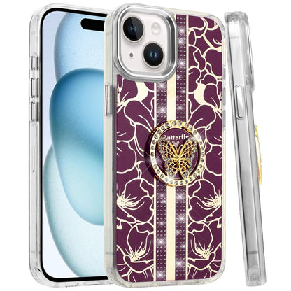 Phone Case for Apple iPhone 15 Floral Butterfly Ring Stand Glitter Bling Shockproof Hybrid Luxury Fashion Protective Anti Slip Durable Grip Cover Purple
