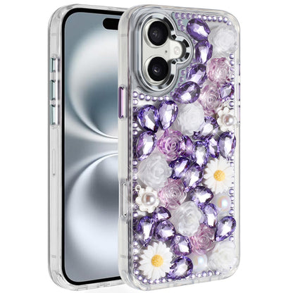 For iPhone 16 Pro Max Fashion Daisy Floral Series, Full 3D Bling Crystal Diamonds Sparkling Rhinestone Glitter Hybrid Design Case Cover Purple