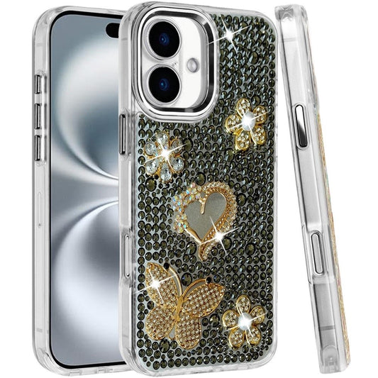 Phone Case for Apple iPhone 16 Plus Luxury Crystal Butterfly Floral Jeweled Heart Full Diamond Design, Sparkling Decorative Details, Elegant Style Cover Black