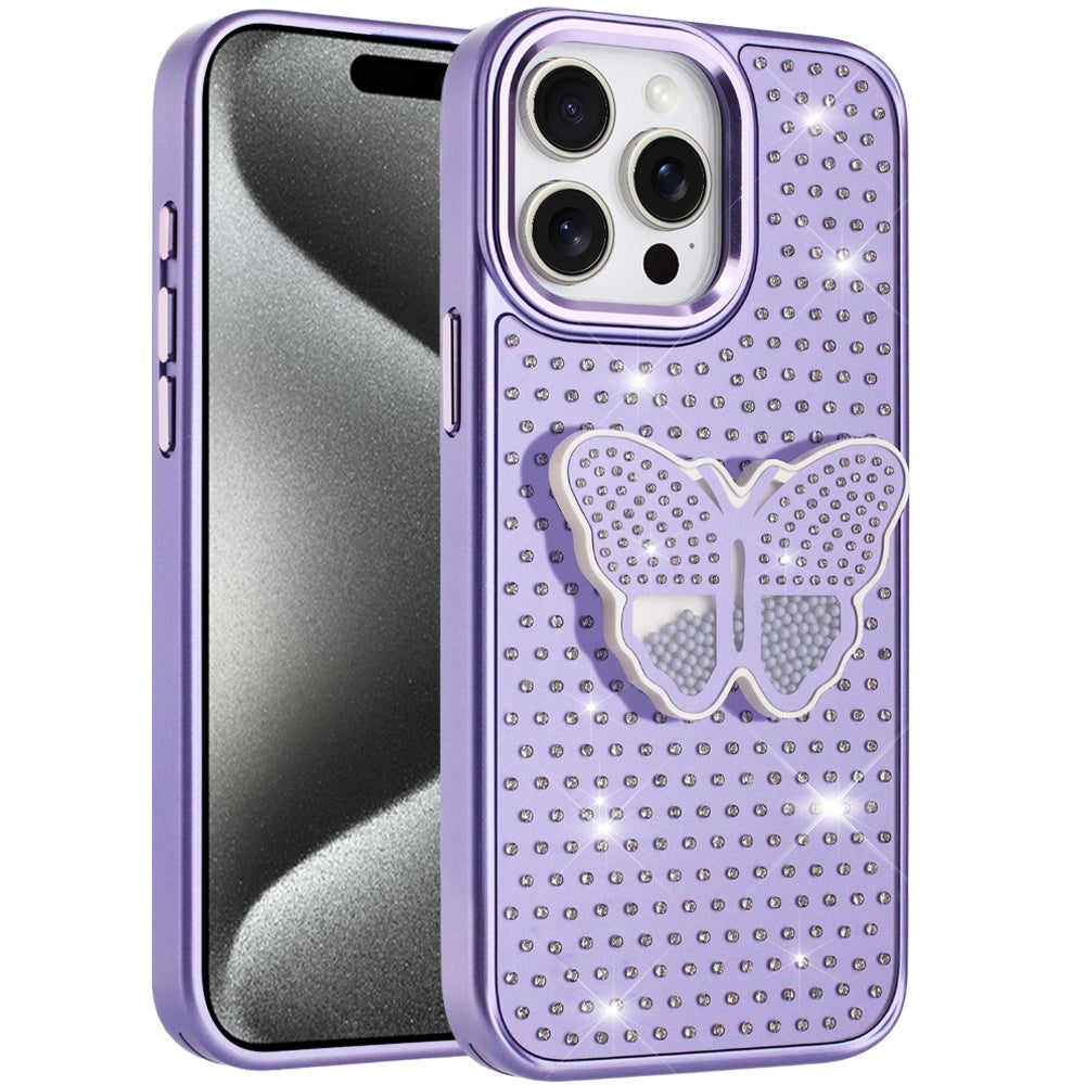 For Apple iPhone 14 Pro Max Butterfly Moveable Grip 3D Pop Stand Full Diamond Bling Sparkling TPU Fashion Hybrid Case Cover