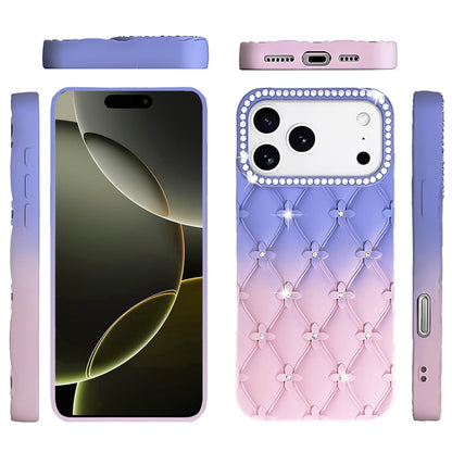 For Apple iPhone 17 AIR Fashion Flower Design Sparkle Glitter Shimmer Rhinestone Bling Floral Accents, Leather Texture TPU Case Cover