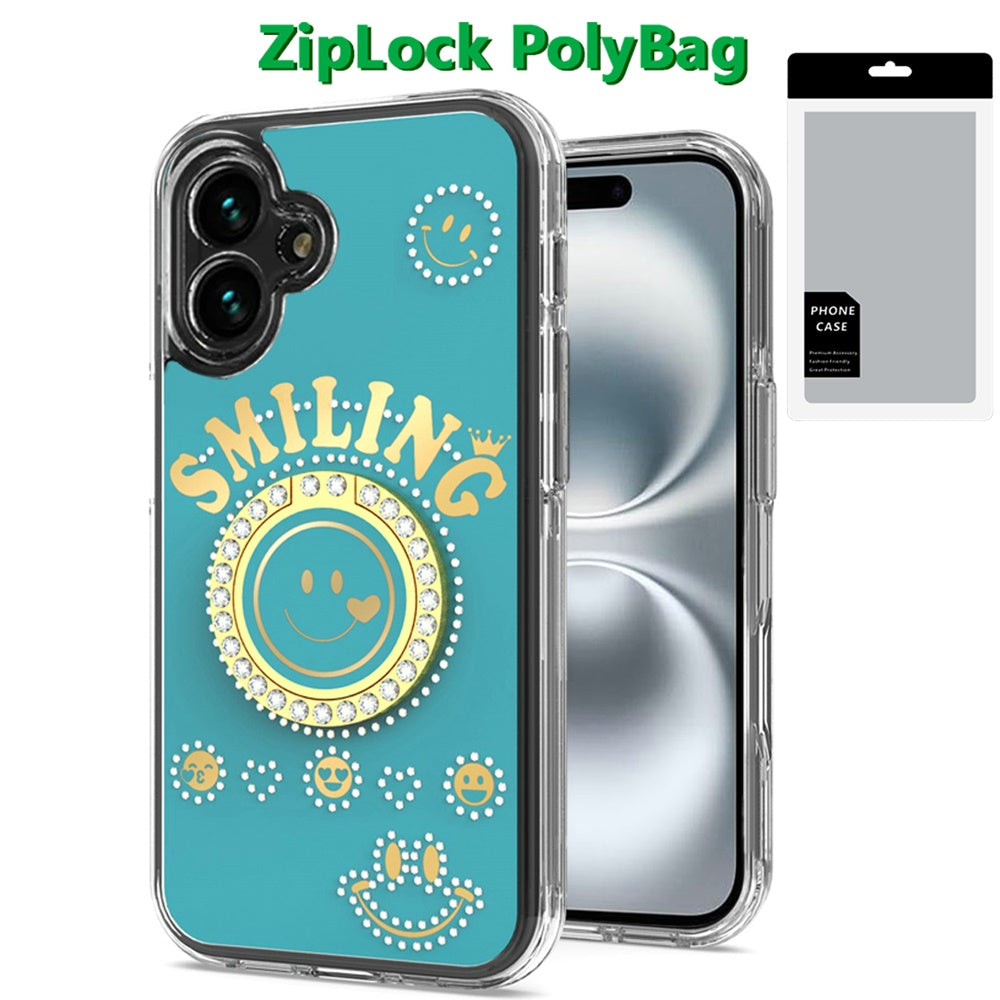 For iPhone 16 (6.1") Smiling Glitter Bling Ornament Hybrid Shockproof Stylish Sparkle Design Secure Grip Durable Protection Case Cover Blue
