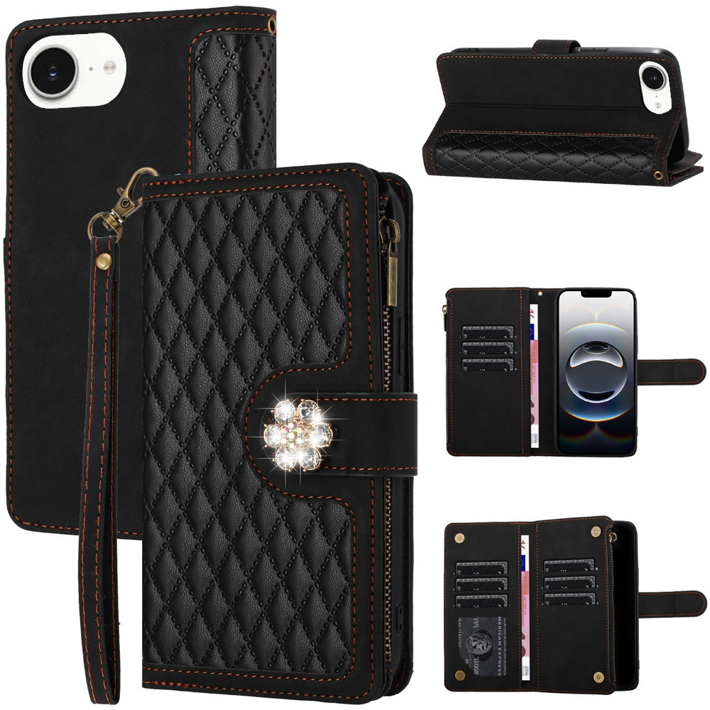 PU Leather Wallet Design Jewel Bling with Credit Card Holder Flip Folio Pouch Zipper Purse Wrist Strap