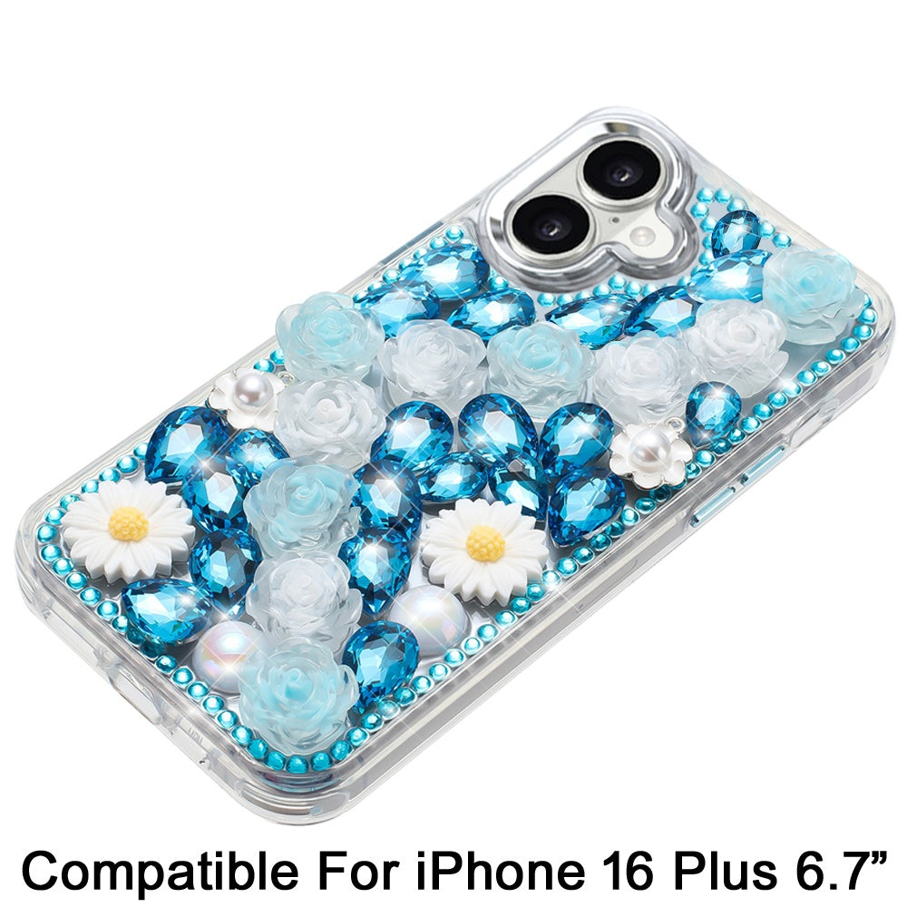 Phone Case for Apple iPhone 16 Plus Full Bling Rhinestone Glitter Floral Luxury Hybrid Shockproof Stylish Sparkling Protective Designer Ornament Cover
