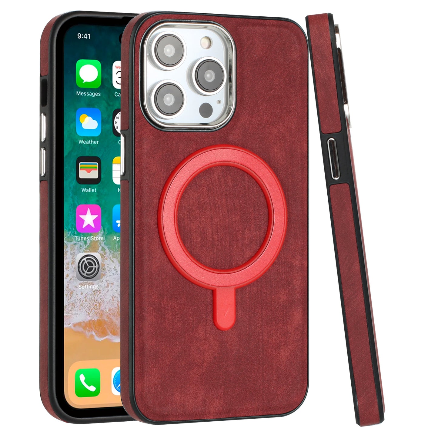 For Apple iPhone 11 Pro Max Fashion PU Vegan Leather Chrome Edge Hybrid, MagSafe Compatible, Durable TPU Hard PC Case Cover Red