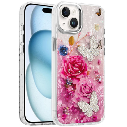 For Apple iPhone 16 (6.1") Epoxy Glitter Flowers Bling 3D Butterfly Fashion TPU Hybrid with Shockproof Protection Case Cover