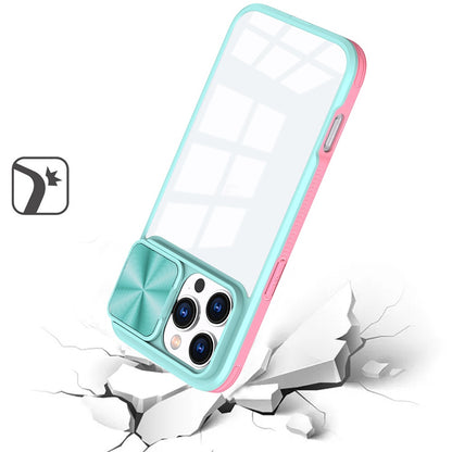 For iPhone 16 Pro Max (6.9") Hybrid Cases with Sliding Camera Cover Transparent Shockproof Bumper TPU Protective Case Cover Pink/Blue