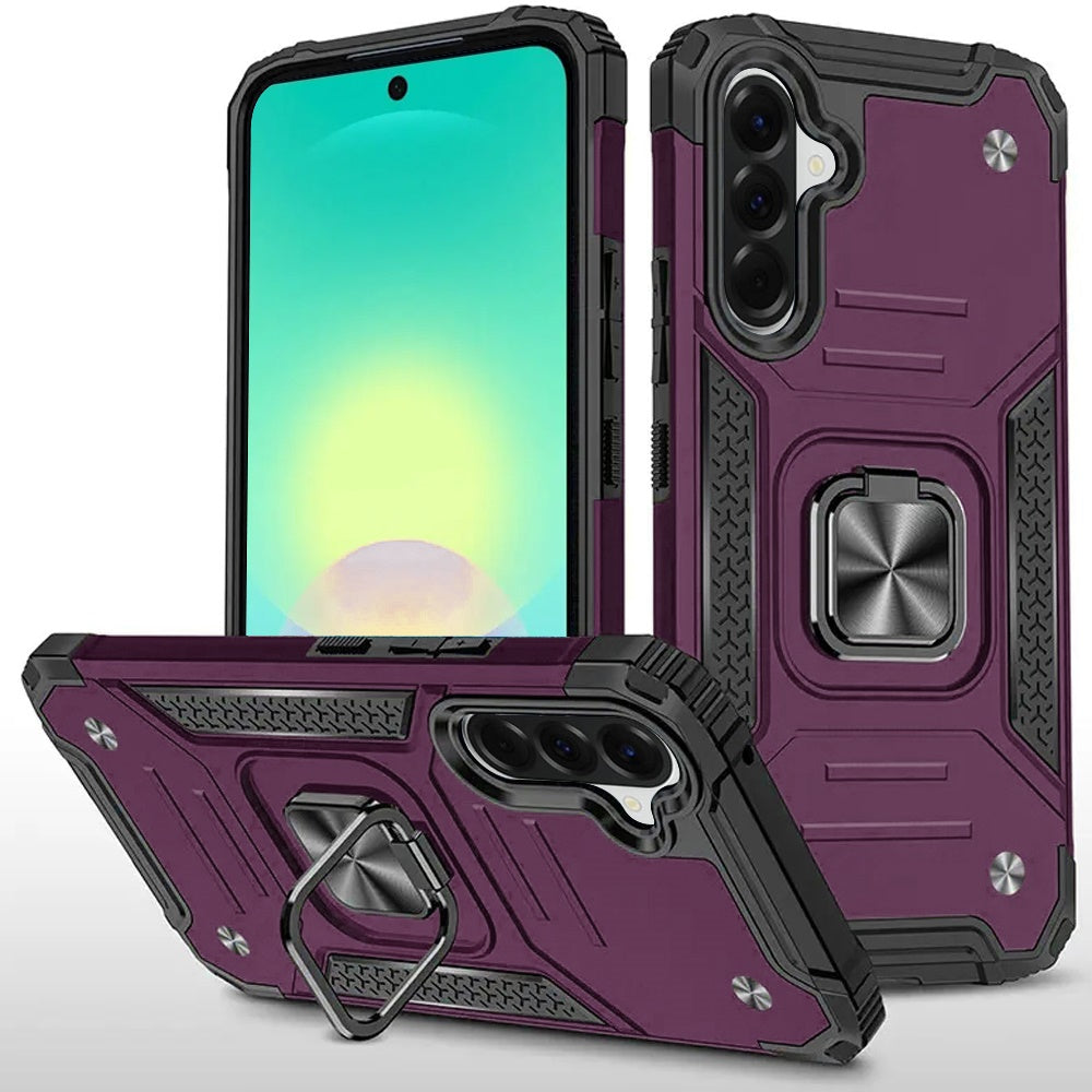 Phone Case for Samsung Galaxy A27 Magnetic Car Mount Hybrid Ring Stand Shockproof Rugged Grip Armor Heavy Duty Protective TPU Durable Cover Purple