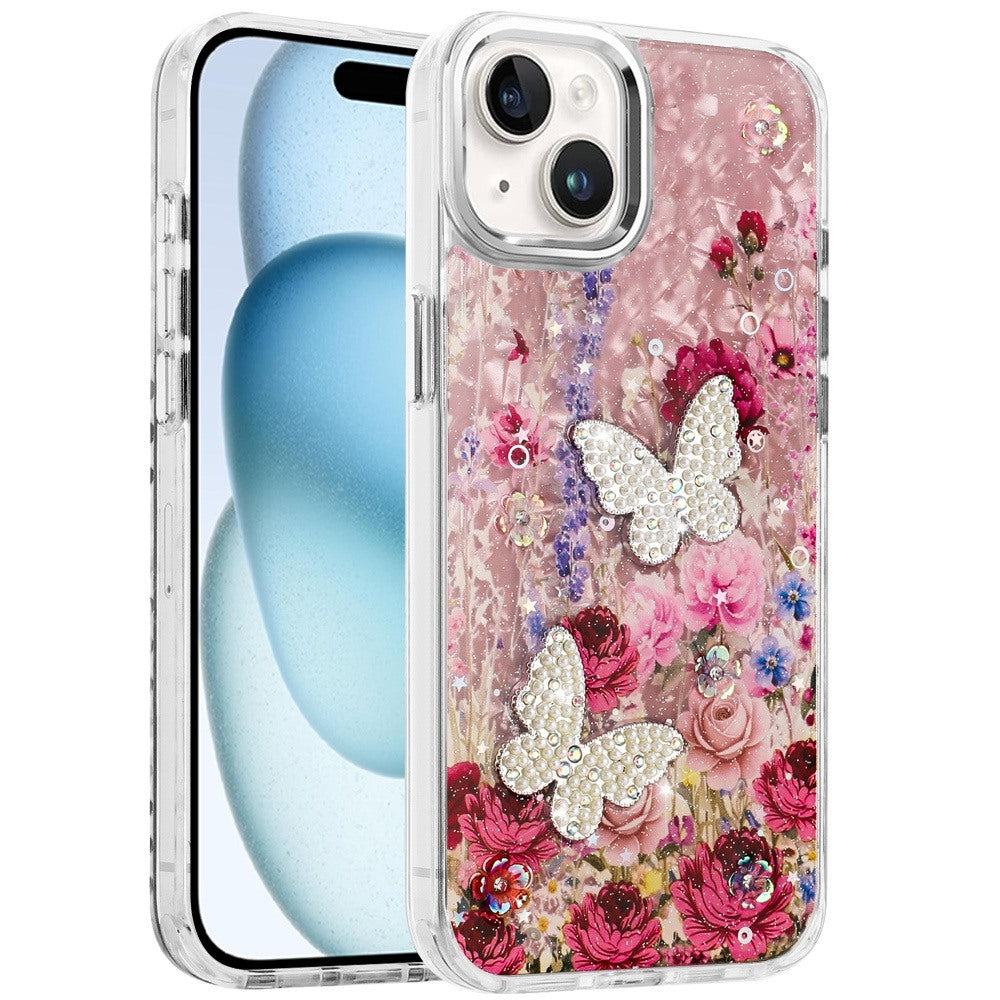 For Apple iPhone 15 Plus /14 Plus Epoxy Glitter Flowers Bling 3D Butterfly Fashion TPU Hybrid with Shockproof Protection Case Cover