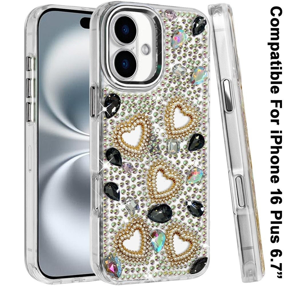 Phone Case for Apple iPhone 16 Plus Luxury Crystal Heart Rhinestone Diamond Bling Shockproof Hybrid Glitter Protective Stylish Durable Grip Cover