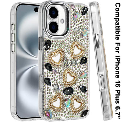 Phone Case for Apple iPhone 16 Plus Luxury Crystal Heart Rhinestone Diamond Bling Shockproof Hybrid Glitter Protective Stylish Durable Grip Cover