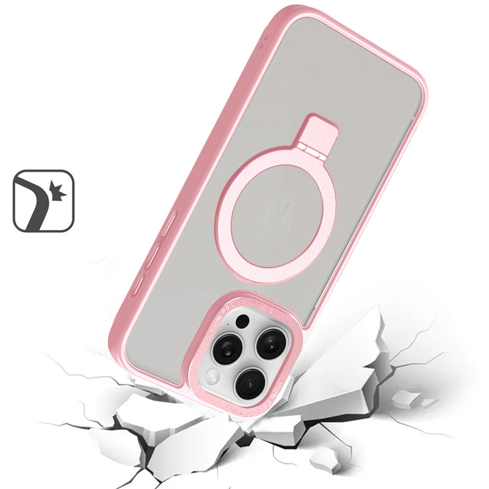 For Apple iPhone 16 Pro (6.3") Magnetic Metal Matte Built-in Compatible with MagSafe Stand Hybrid Shock Armor TPU Case Cover Pink