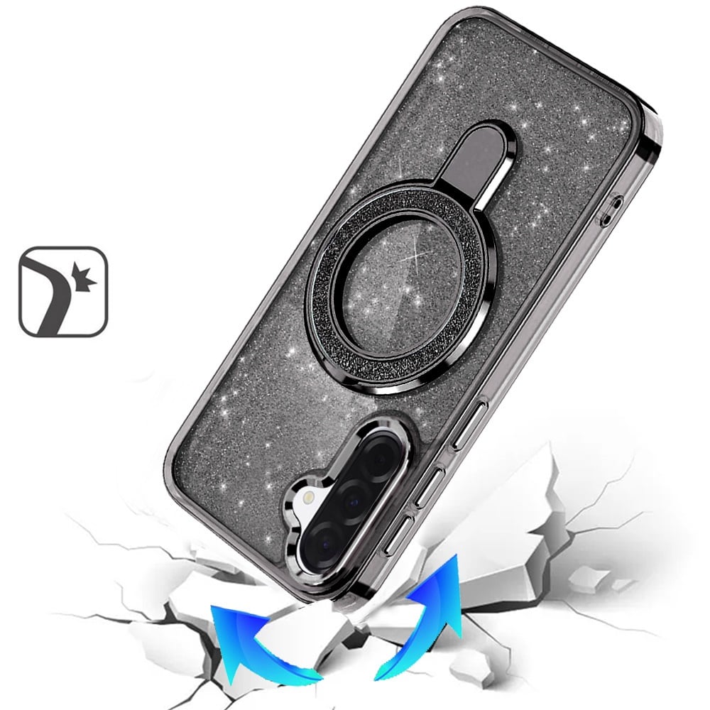 Phone Case for Samsung Galaxy A57 Transparent Glitter Bling Magnetic Ring Stand Shockproof Anti Slip Rotating Grip Protective Hybrid Durable Armor Cover