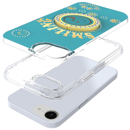 For Apple iPhone 17E /16E Smiling Glitter Bling Ornament Hybrid Shockproof Stylish Sparkle Design Secure Grip Durable Protection Case Cover Blue