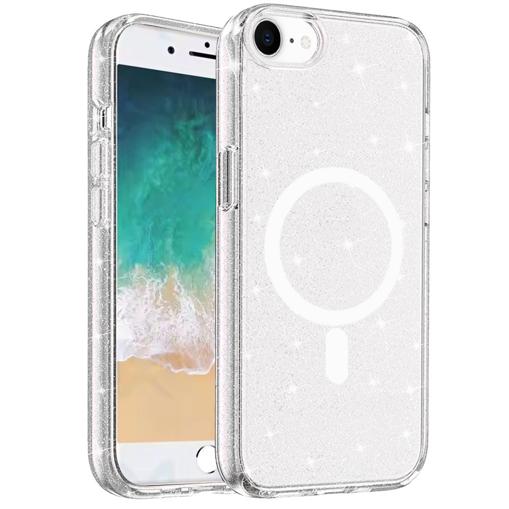 For Apple iPhone SE 4 MagSafe Compatible Glitter Shiny Sparkle Bling TPU Rubber Hard PC Back Hybrid Frame [Magnetic Circle] Case Cover