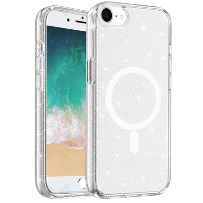 For Apple iPhone SE 4 MagSafe Compatible Glitter Shiny Sparkle Bling TPU Rubber Hard PC Back Hybrid Frame [Magnetic Circle] Case Cover