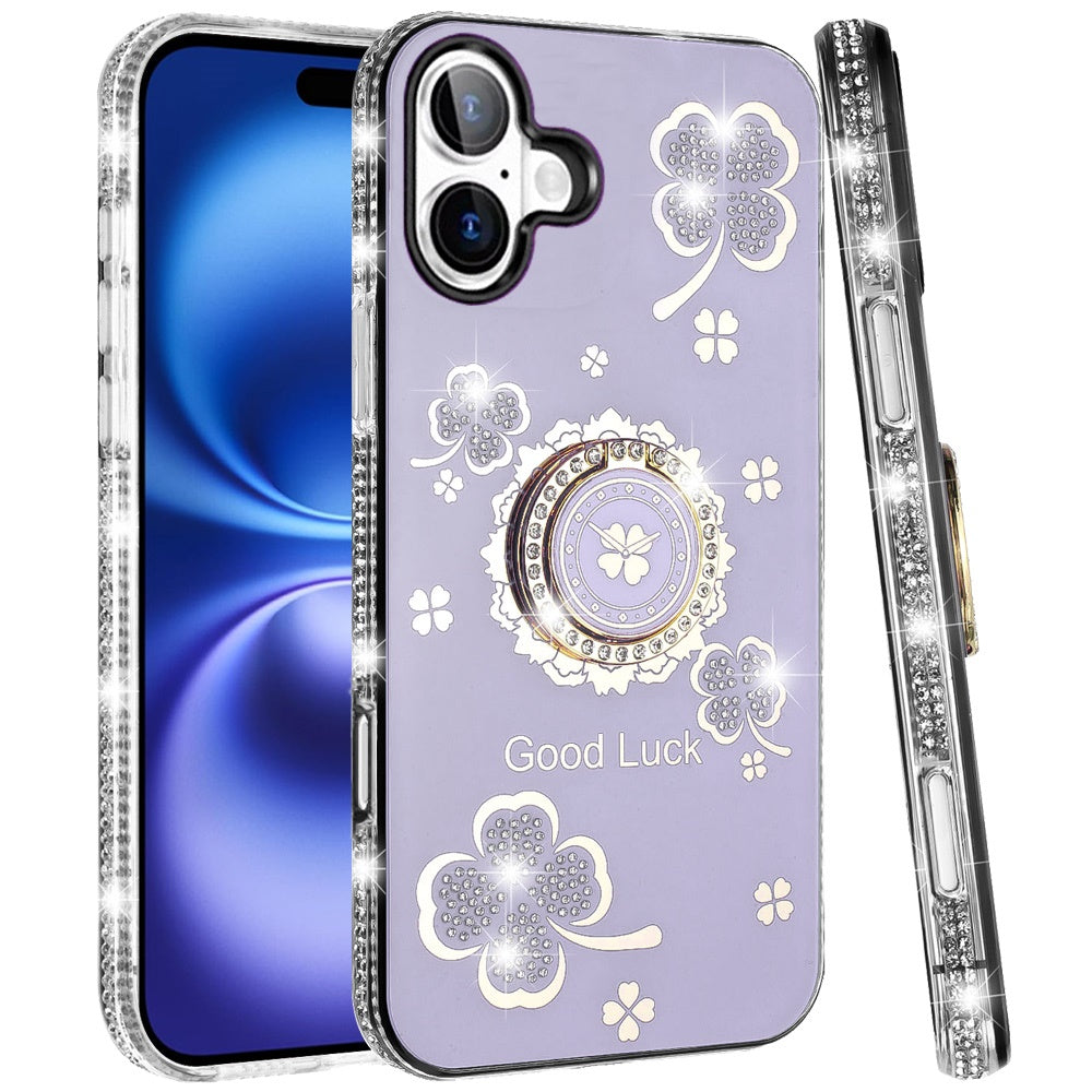 For Apple iPhone 17 (6.3") Diamonds Bling All Around Edges Sparkly Glitter Hybrid with Ring Stand Holder Fashion Good Luck Case Cover
