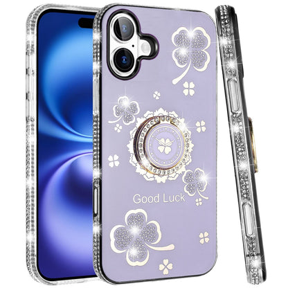 For Apple iPhone 17 (6.3") Diamonds Bling All Around Edges Sparkly Glitter Hybrid with Ring Stand Holder Fashion Good Luck Case Cover