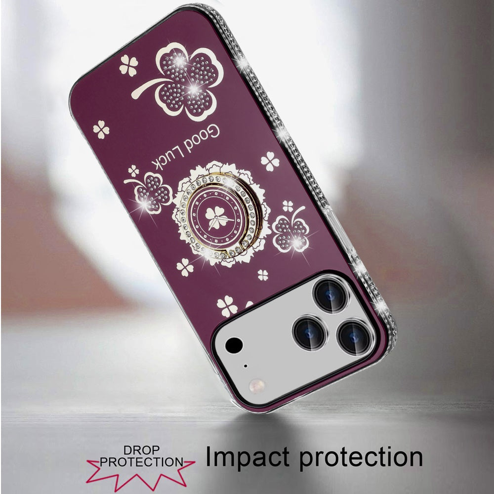 Phone Case for Apple iPhone 18 Pro Max Glitter Diamond Ring Stand Sparkle Rhinestone Edge AntiSlip Kickstand Luxury Fashion Bumper Shockproof Cover Purple