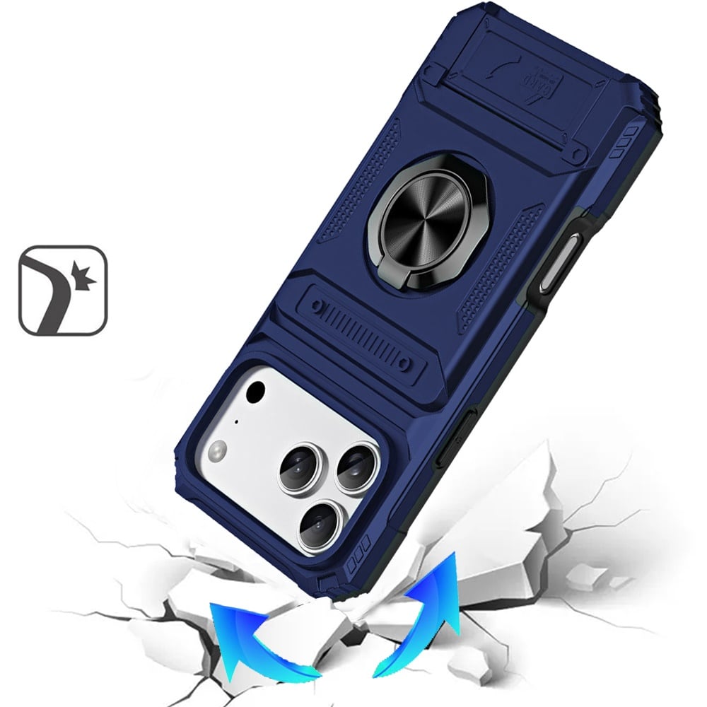 Phone Case for Apple iPhone 18 Pro Max Multi Functional Card Slot Shockproof Metal Ring Hybrid Wallet Rugged Protective Grip Heavy Duty Durable Cover Blue