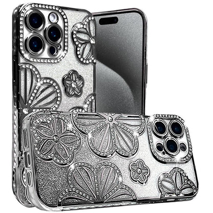 For Apple iPhone 15 Pro Max Luxury Flower Design Sparkle Glitter Diamond Rhinestone Shimmer Bling Plating Thick TPU Hard PC Case Cover