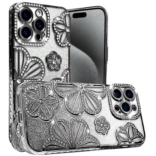 For Apple iPhone 15 Pro Max Luxury Flower Design Sparkle Glitter Diamond Rhinestone Shimmer Bling Plating Thick TPU Hard PC Case Cover
