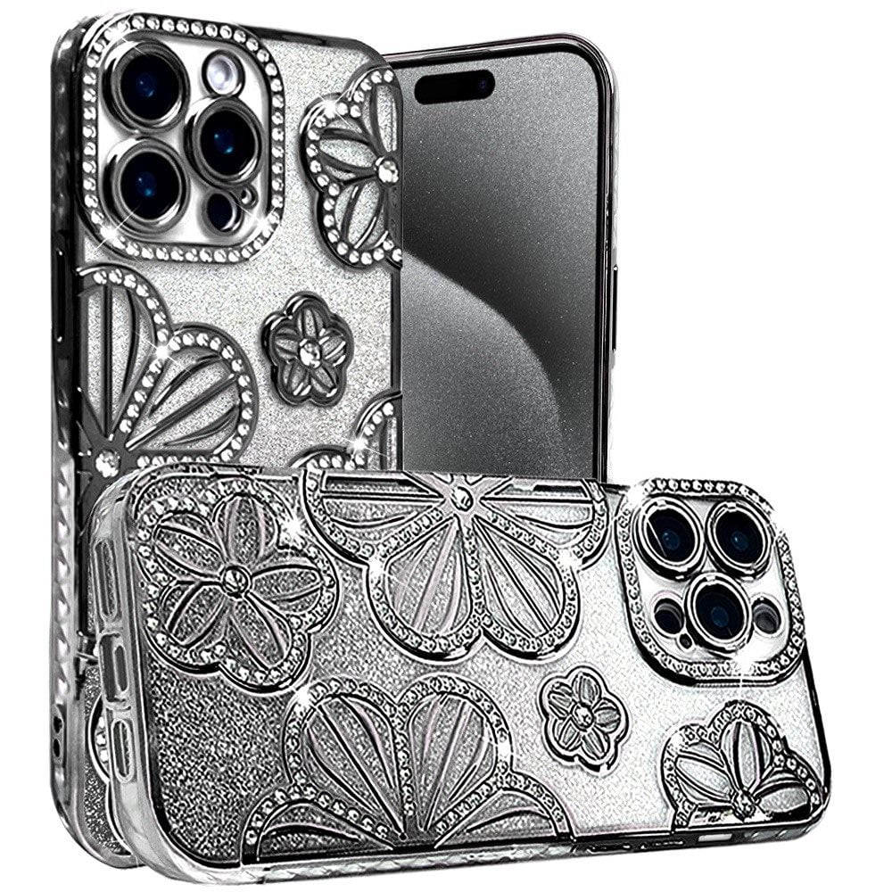 For Apple iPhone 15 Pro Max Luxury Flower Design Sparkle Glitter Diamond Rhinestone Shimmer Bling Plating Thick TPU Hard PC Case Cover