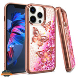 For Apple iPhone 15 Pro (6.1") Quicksand Liquid Glitter Bling Flowing Sparkle Fashion Hybrid TPU Chrome Plating Hard Butterfly Phone Case Cover