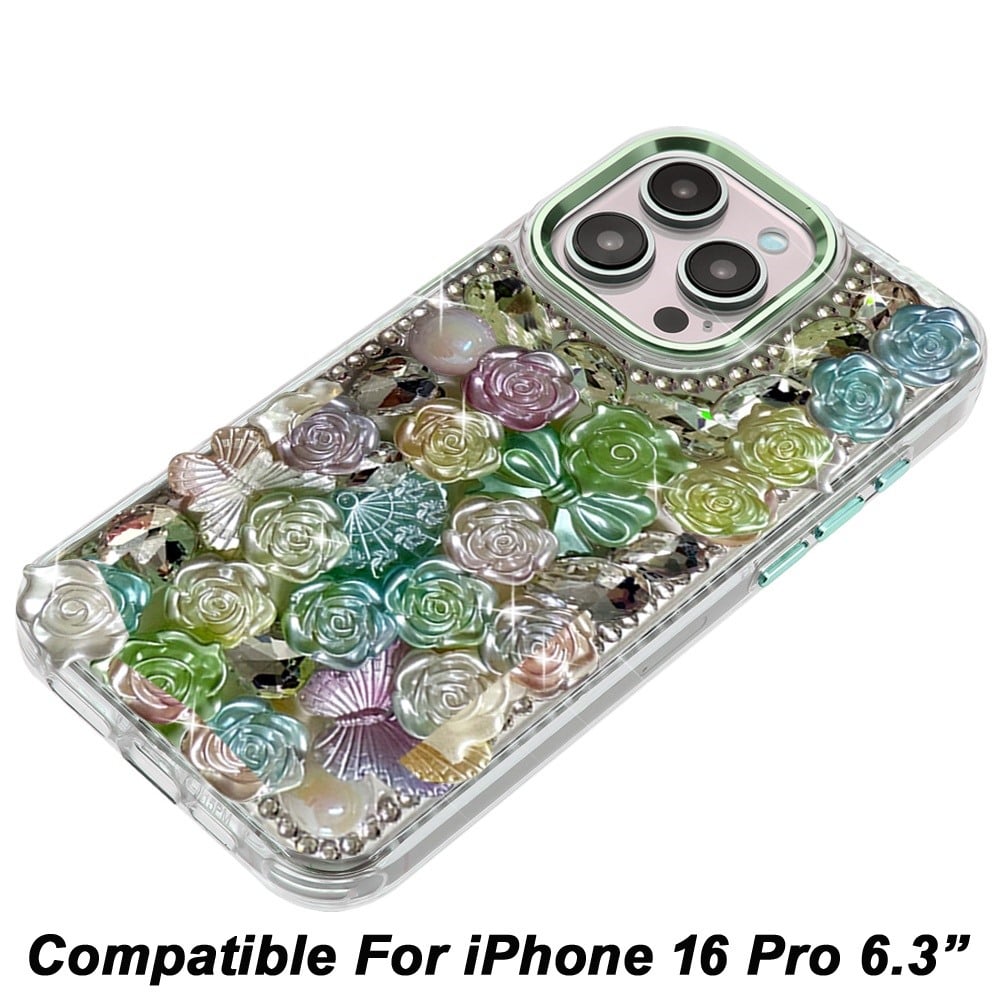 Phone Case for Apple iPhone 16 Pro 3D Flower Bling Rhinestone Glitter Cute Stylish Shockproof Protective Decorative Luxury Grip Stones Ornaments Cover
