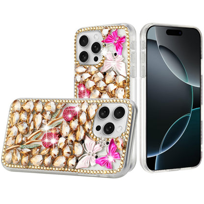 For iPhone 16 Pro Max (6.9") Bling Crystal 3D Full Diamonds Luxury Sparkle Rhinestone Hybrid Case Cover Gold Exquisite Garden