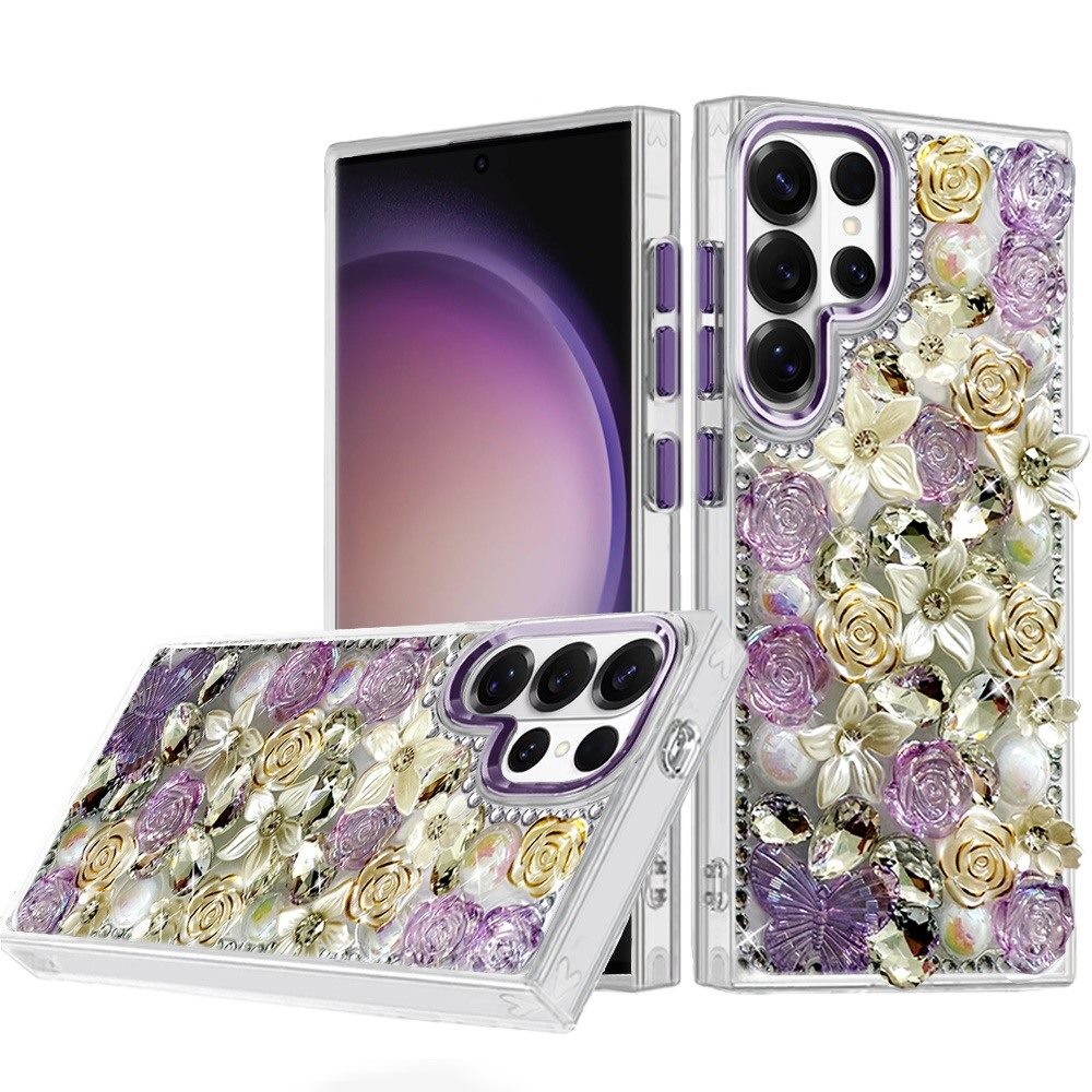 Phone Case for Samsung Galaxy S23 Ultra Luxury Rose Bling Rhinestone Glitter Floral Hybrid Shockproof Stylish Protective Designer Ornament Sparkle Cover Purple