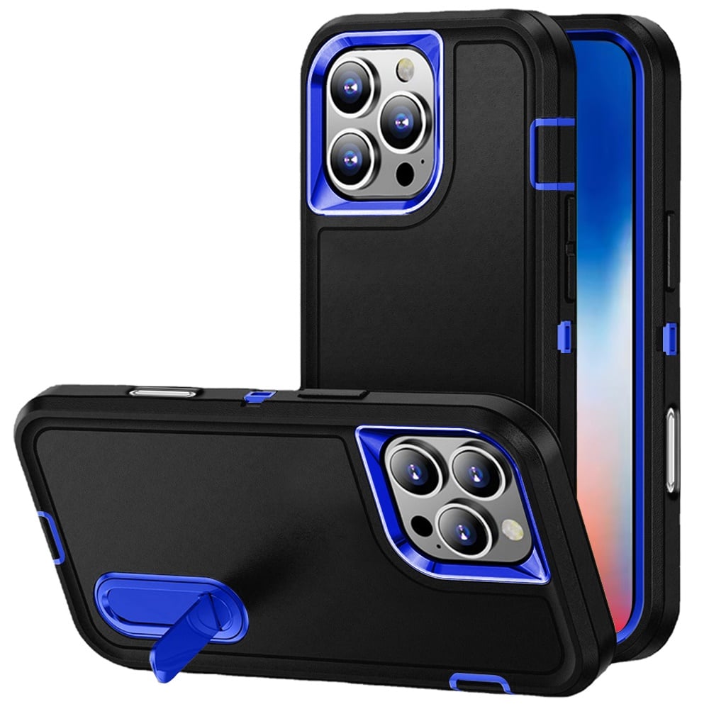 For Apple iPhone 16 Pro Hybrid 3 Layers Hard 3in1 Shockproof with Kickstand Heavy Duty Hard TPU Rubber Anti-Drop Case Cover Black +Dark Blue