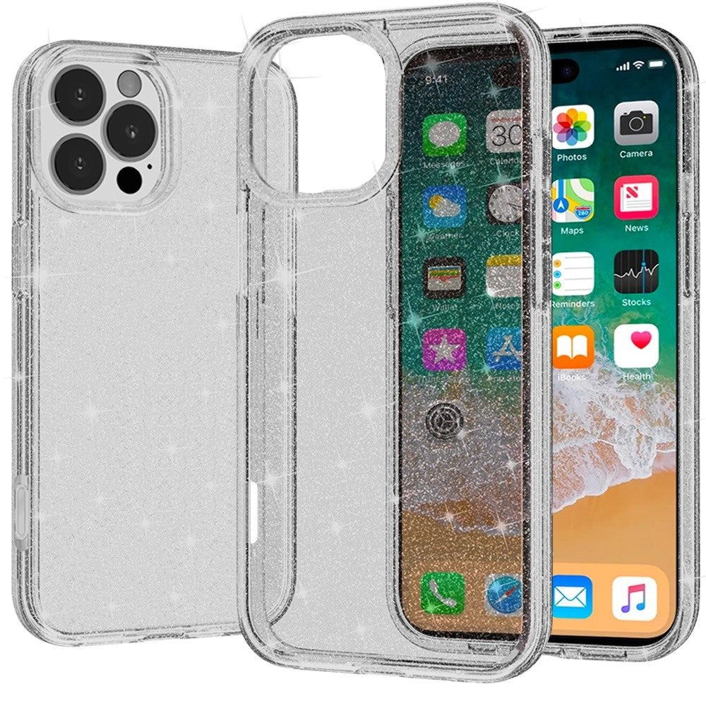 For Apple iPhone 16 (6.1") Transparent Glitter Shiny Sparkle Bling TPU Rubber Hard Back Hybrid Frame Shockproof Case Cover