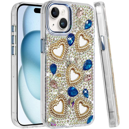 Phone Case for Apple iPhone 15 Luxury Crystal Heart Rhinestone Diamond Bling Shockproof Hybrid Glitter Protective Stylish Durable Grip Cover