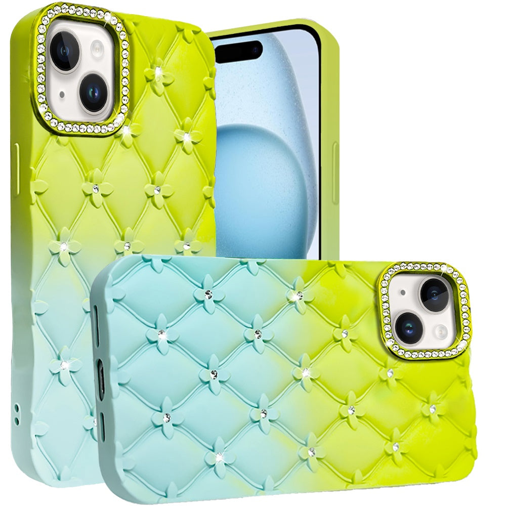 For Apple iPhone 16 Pro (6.3") Fashion Flower Design Sparkle Glitter Shimmer Rhinestone Bling Leather Feel Thick TPU Rubber Hard PC Case Cover
