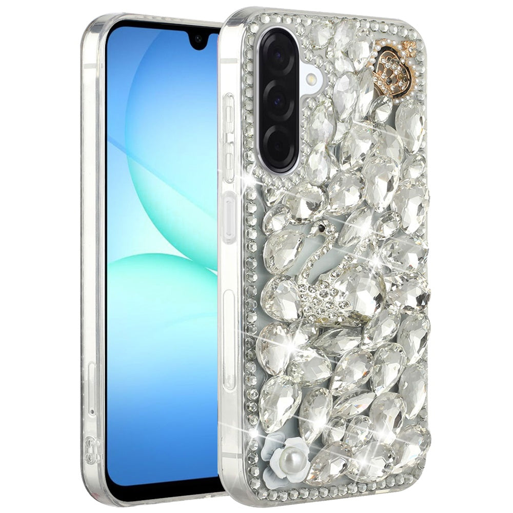 Phone Case for Galaxy A17 5G Luxury Full Diamond Glitter 3D Floral Ornament Hybrid Shockproof Stylish Rhinestone Designer Protective Elegant Cover Silver