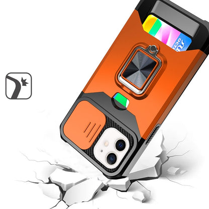 For Apple iPhone 11 Wallet Case with Ring Stand & Slide Camera Cover Back Credit Card Slot Holder, Military Grade Case Cover Cosmic Orange