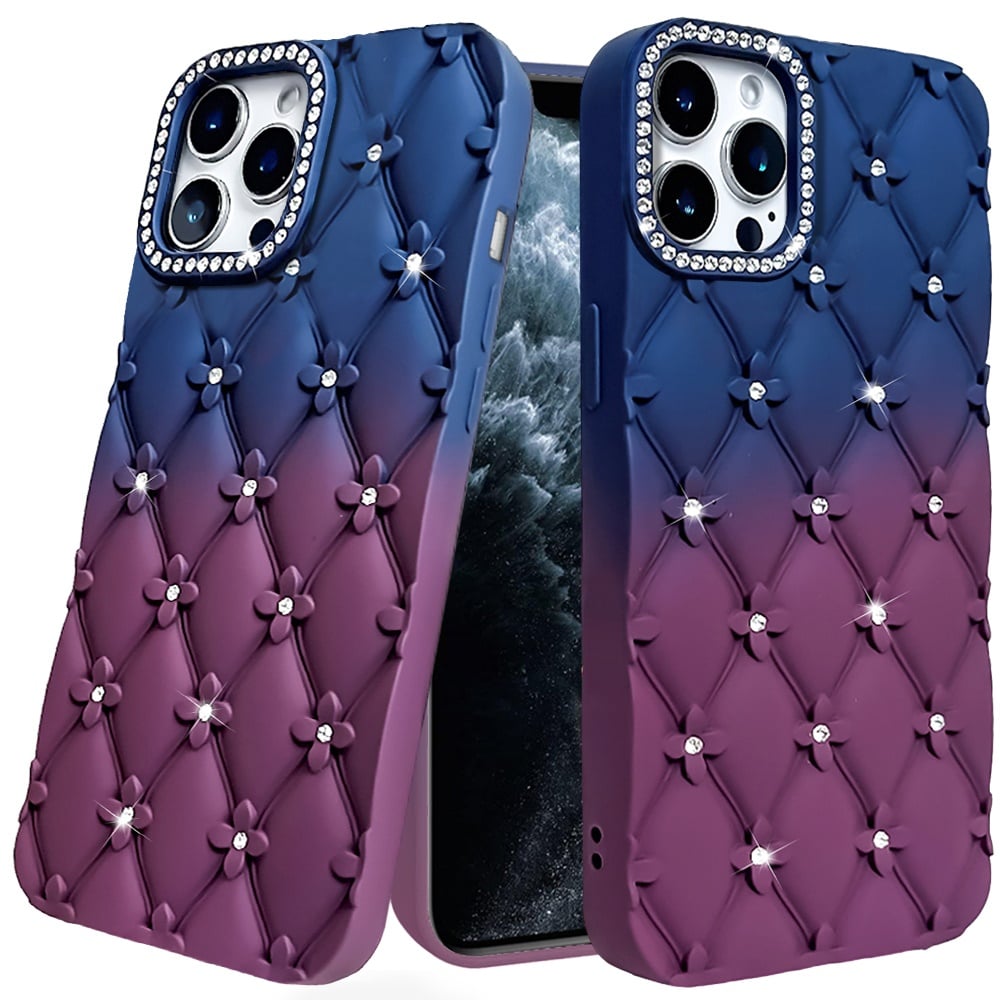 For Apple iPhone 11 Pro Max Fashion Flower Design Sparkle Glitter Shimmer Rhinestone Bling Floral Accents, Leather Texture TPU Case Cover Light Blue/Light Pink