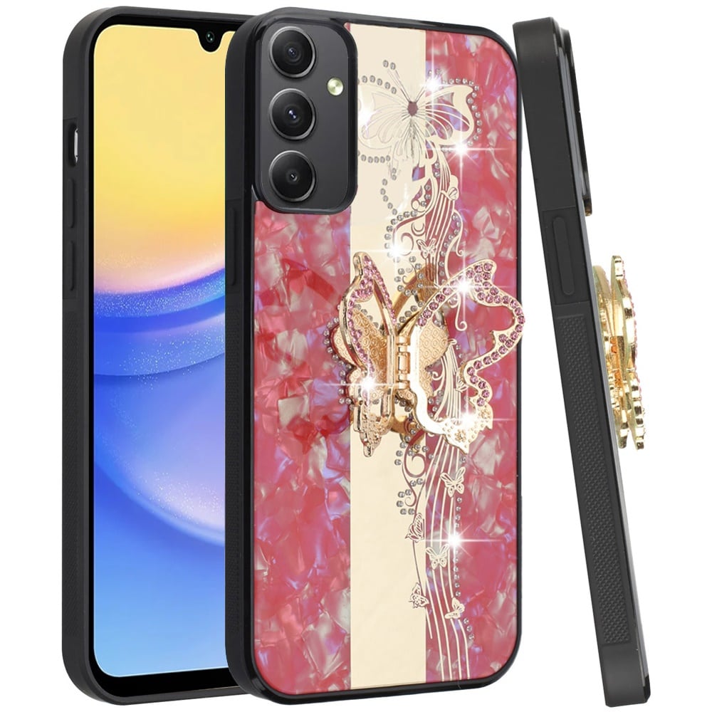 Phone Case for Samsung Galaxy A16 5G Diamond Glitter Butterfly Engraved Ring Stand Luxury Bling Hybrid Shockproof Chrome Edge Protective Durable Grip Cover Red