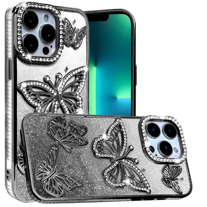 For Apple iPhone 13 Pro Max Luxury Butterfly Sparkle Glitter Diamond Crystal Rhinestone Shimmer Bling Plating Thick TPU Hard PC Case Cover