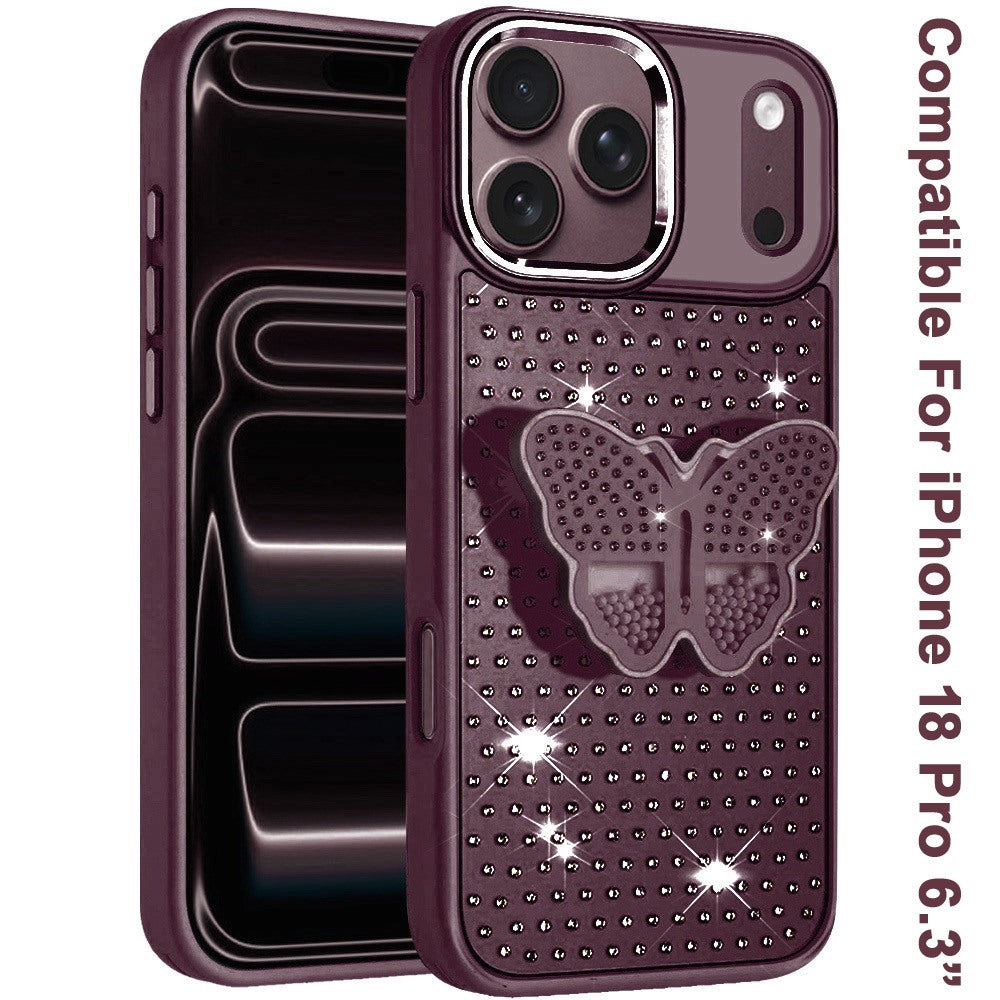 Phone Case for Apple iPhone 18 Pro/ iPhone 17 Pro Butterfly Grip Pop Stand Diamond Sparkle Hybrid Shockproof Metal Button Slim Protective Grip Decorative Design Cover Purple