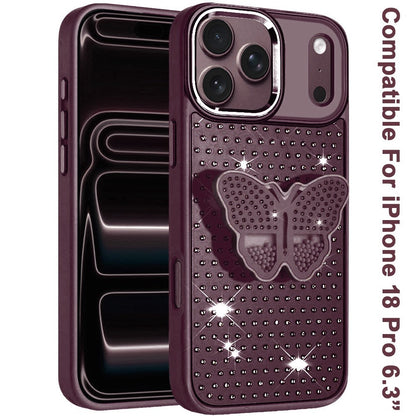Phone Case for Apple iPhone 18 Pro/ iPhone 17 Pro Butterfly Grip Pop Stand Diamond Sparkle Hybrid Shockproof Metal Button Slim Protective Grip Decorative Design Cover Purple