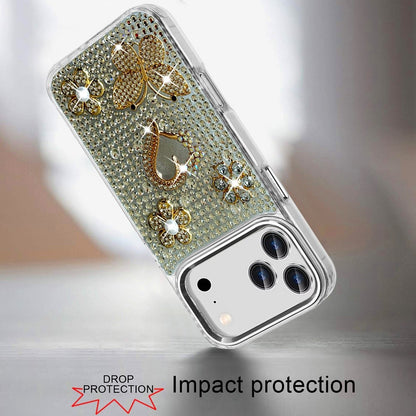 Phone Case for Apple iPhone 18 Pro/ iPhone 17 Pro Luxury Crystal Butterfly Floral Jeweled Heart Full Diamond Design, Sparkling Decorative Details, Elegant Style Cover Silver