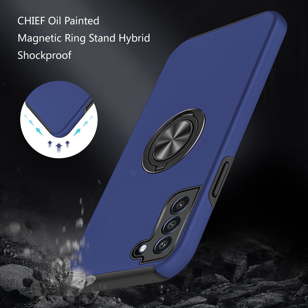 For Samsung Galaxy S21 FE /Fan Edition Hybrid 360 Degree Rotatable Metal Invisible Ring Stand Holder Slim Fit Magnetic Car Mount Shockproof Case Cover Blue